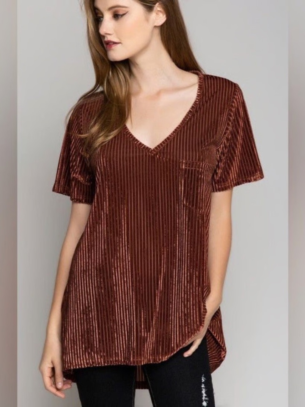 POL Ribbed Velvet V-Neck Tunic Top - Brown